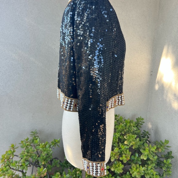 Vintage glam black sequins bolero style jacket colorful beaded trim Sm NiteLine - Picture 3 of 11